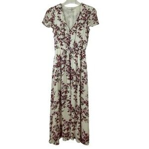 WAYF Dress Midi Cream Dark Red Floral V Neck Cap Sleeve Elastic Waist